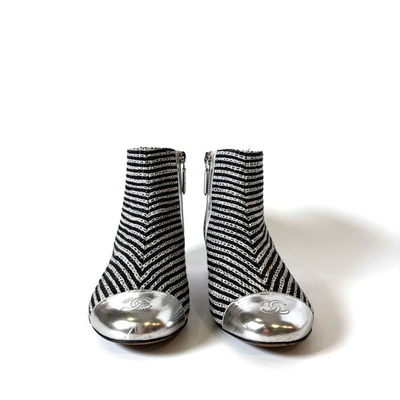 Chanel Silver Striped CC Logo Ankle Boots w COA